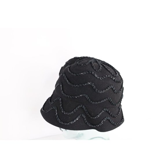 Vintage 50s Rockabilly Wool Felt Sequined Flower Bucket Hat Cap Black Womens USA - Picture 3 of 9
